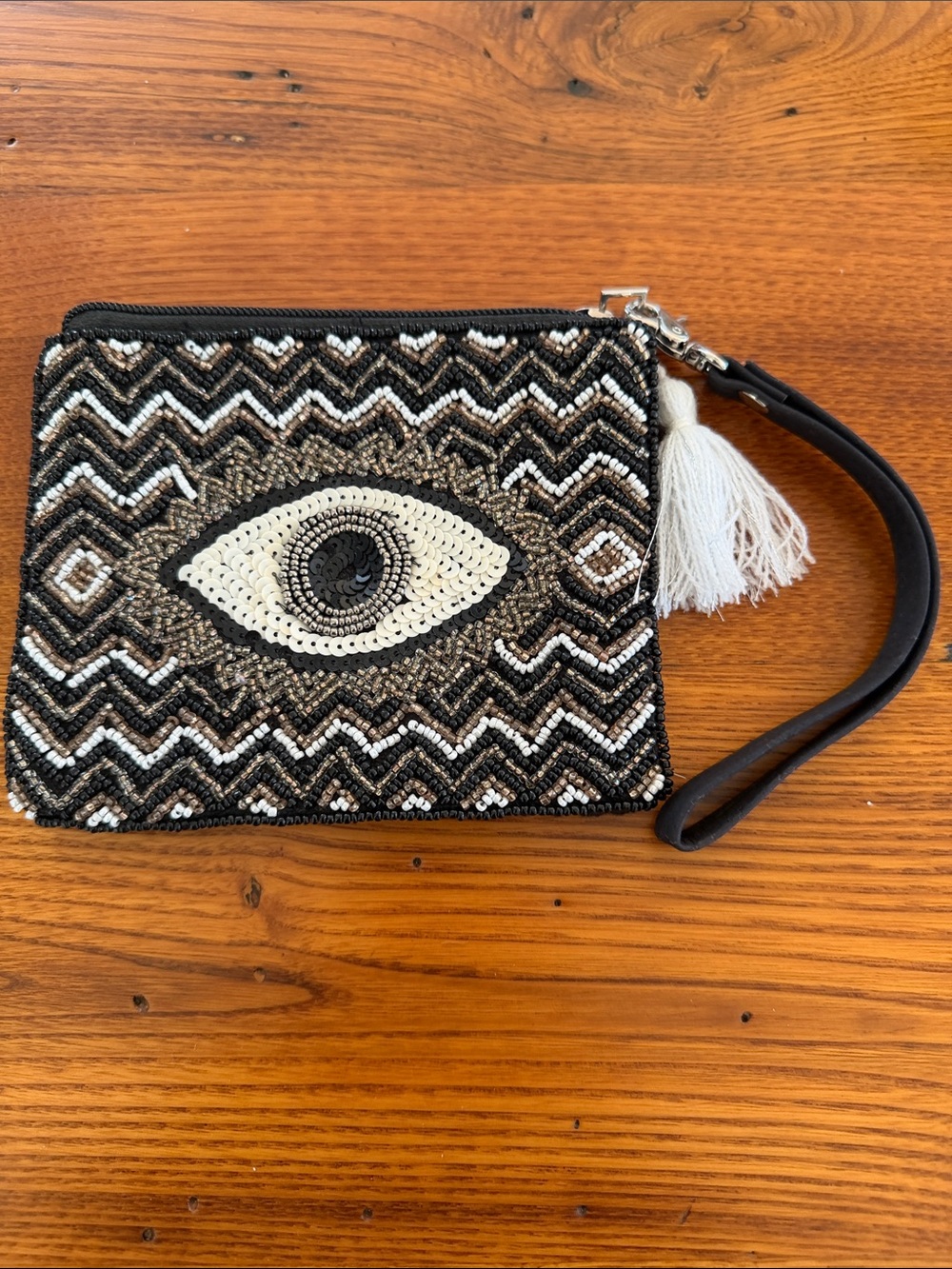 America & Beyond Beaded Evil Eye Wristlet Pouch - Black & White